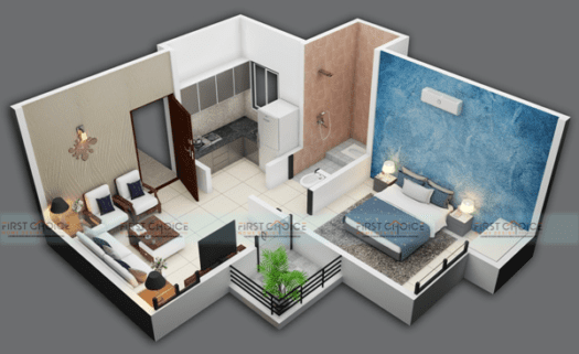3D Cut Section 1BHK